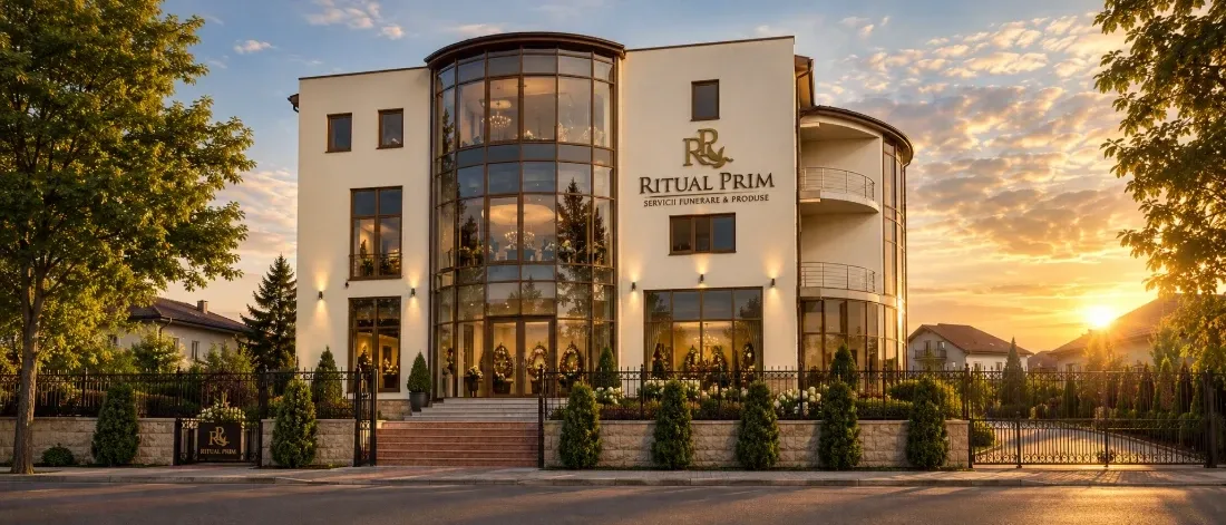 The Ritual Prim premises in Stăuceni: the front and courtyard at sunset