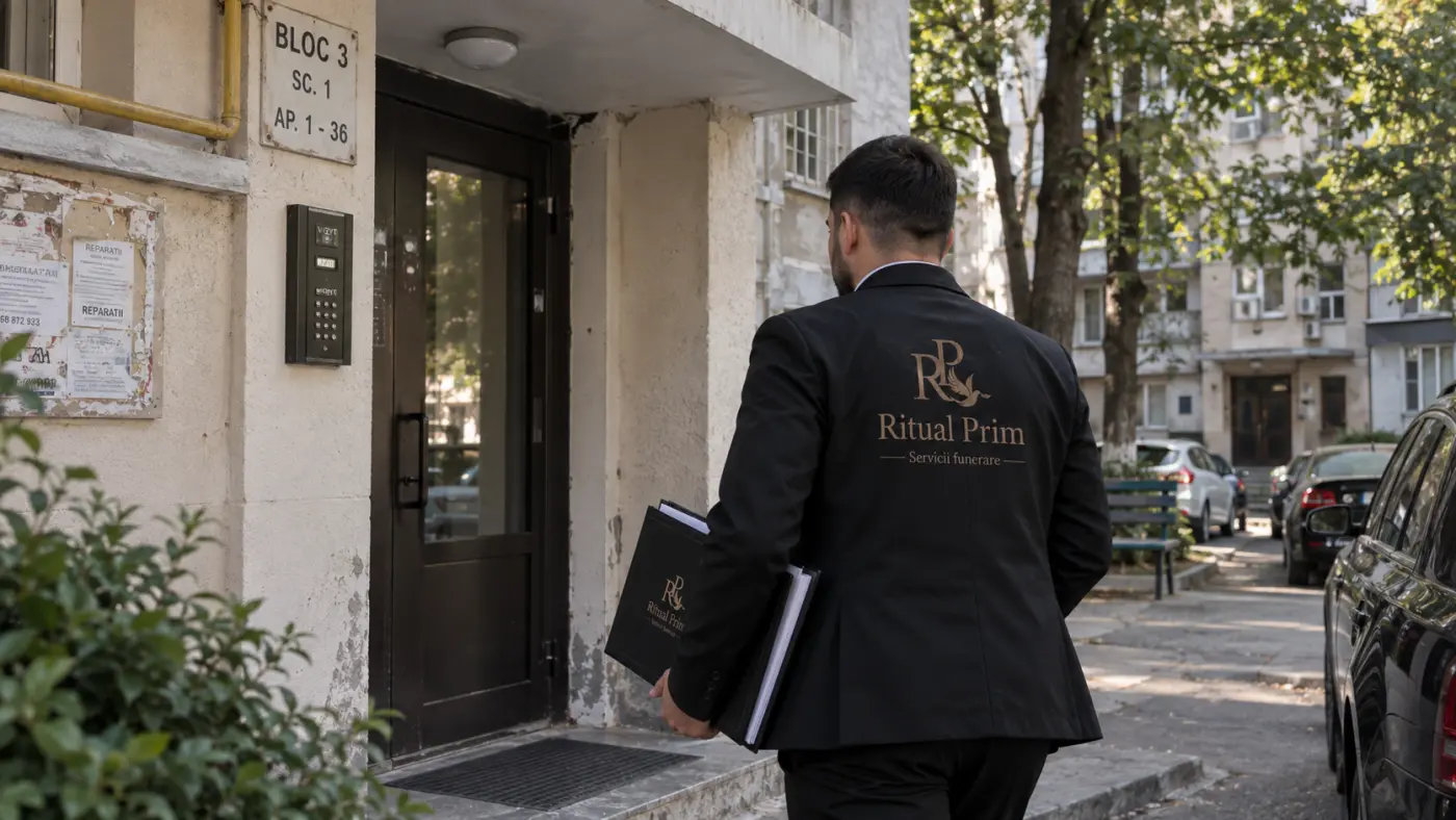 A Ritual Prim agent with a folder of documents at the entrance to a block of flats
