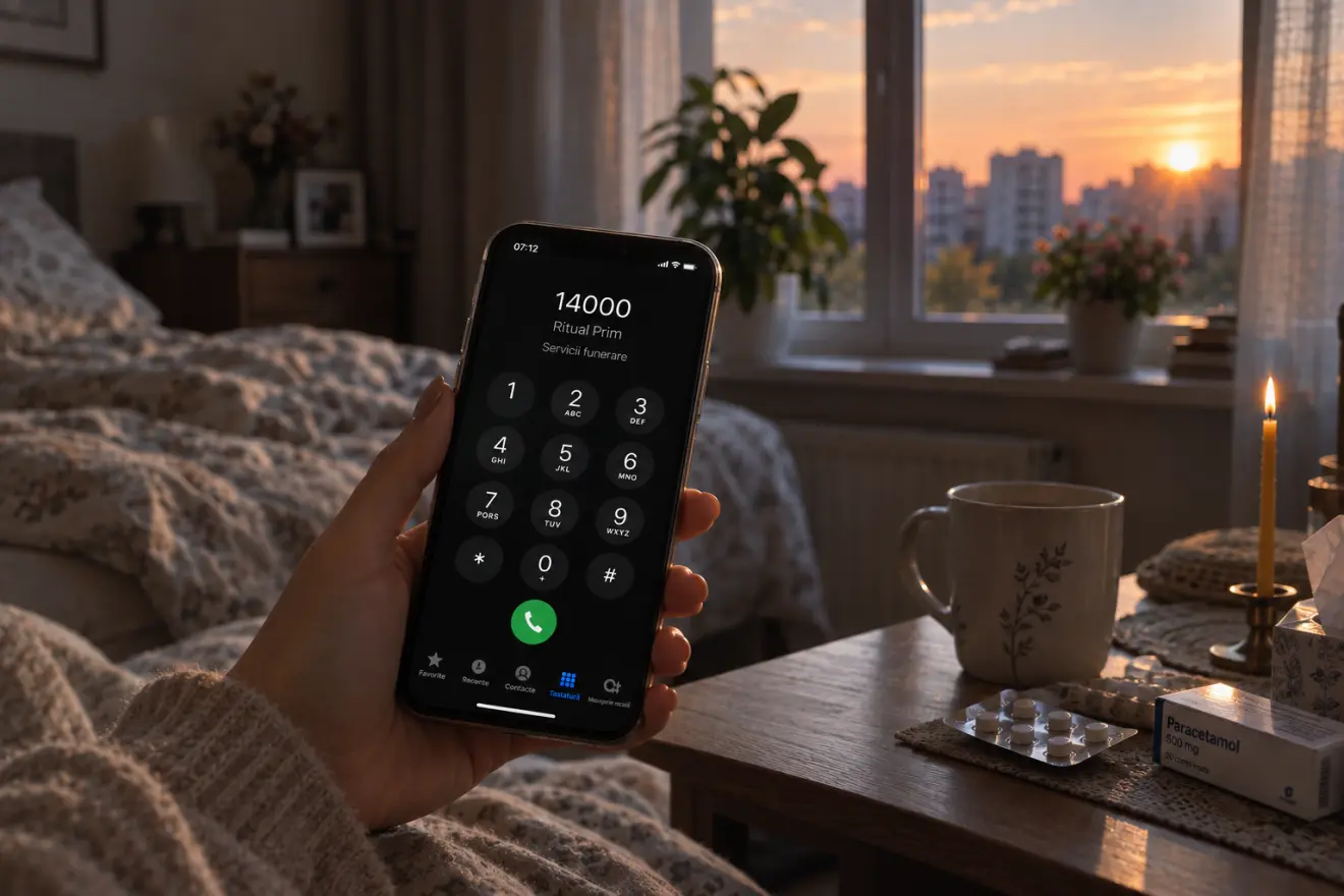 A hand holding a phone with 14 000 dialled, at dawn in a flat