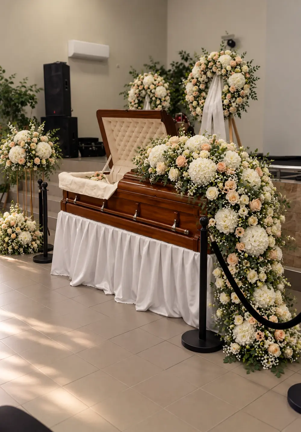 Farewell hall decoration: a cascade of hydrangeas and roses on the casket, wreaths and flowers on stands