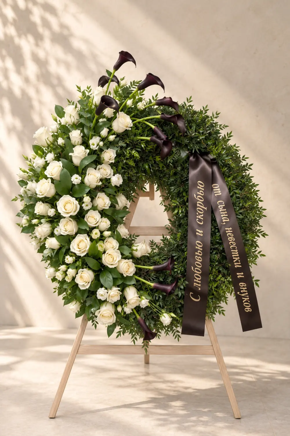 Round wreath of white roses with dark callas
