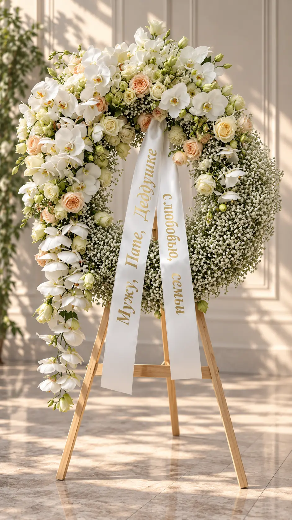 Round wreath of white orchids, peach roses and gypsophila
